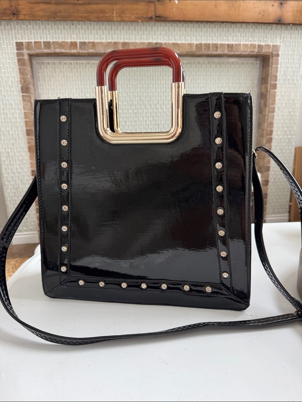 Black Patent Square Top-Handle Crossbody Bag with Rhinestones & Gold Accent